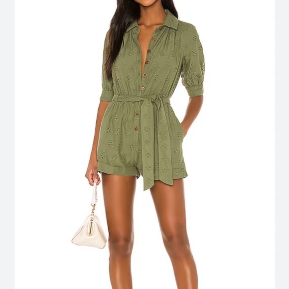 MAJORELLE Pants - Majorelle Olive Green Ian Eyelet Short Sleeve Romper Size XS